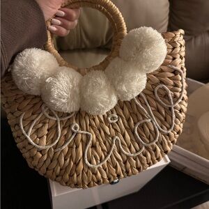 Woven Straw Bridal Bag with Pom Poms